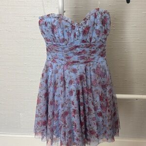 Strapless Floral Mini Dress in Light Blue with Pink Roses